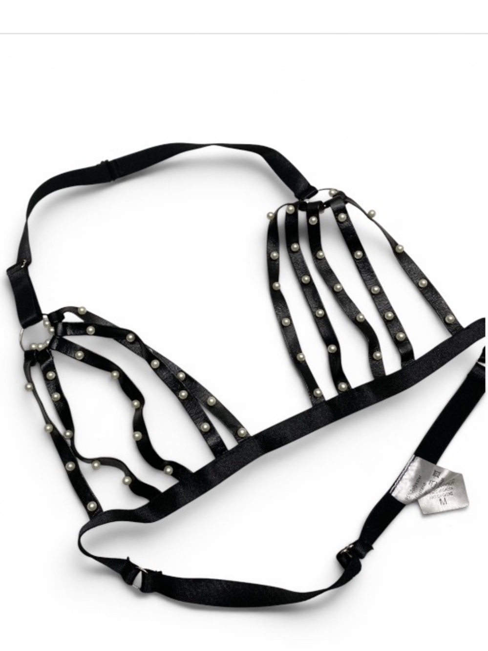 Gothic Black Strappy Cage Bra Pearl Studded Body Harness Lingerie Top M